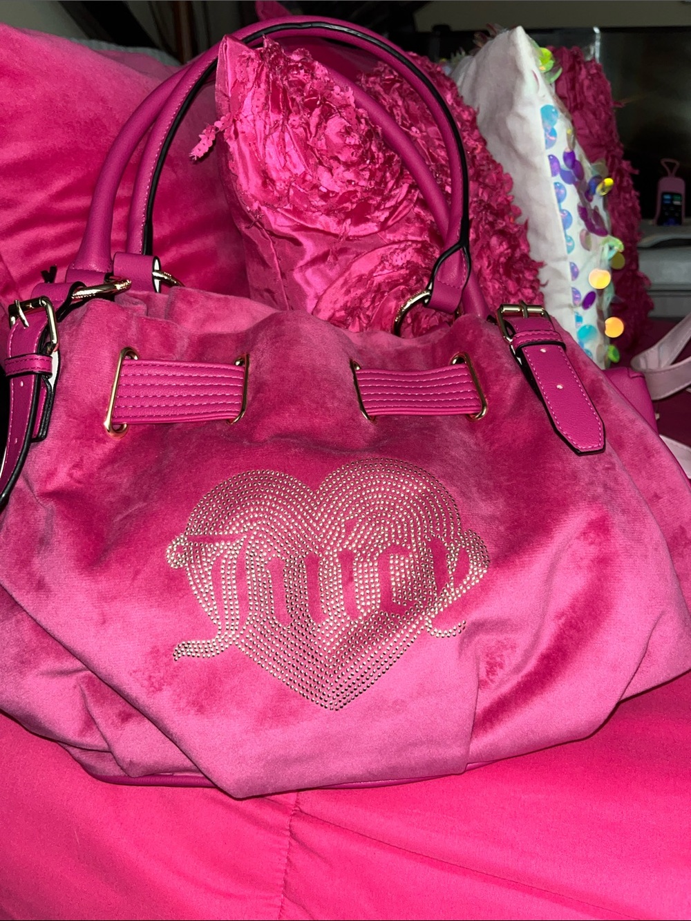 Juicy Couture Hot Pink Velvet Satchel with Crystal Heart Logo